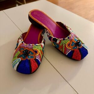 Vibrant Maximalist Beaded Slip-On Sandals Boho Colorful Floral Geometric Flats 8